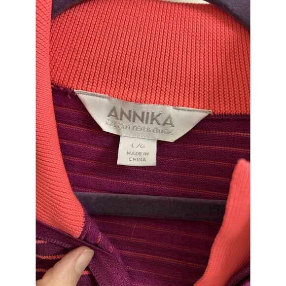 Annika Cutter & Buck Purple Pink Striped Full Zip Knit Sweater SZ Large Sporty - Picture 3 of 3